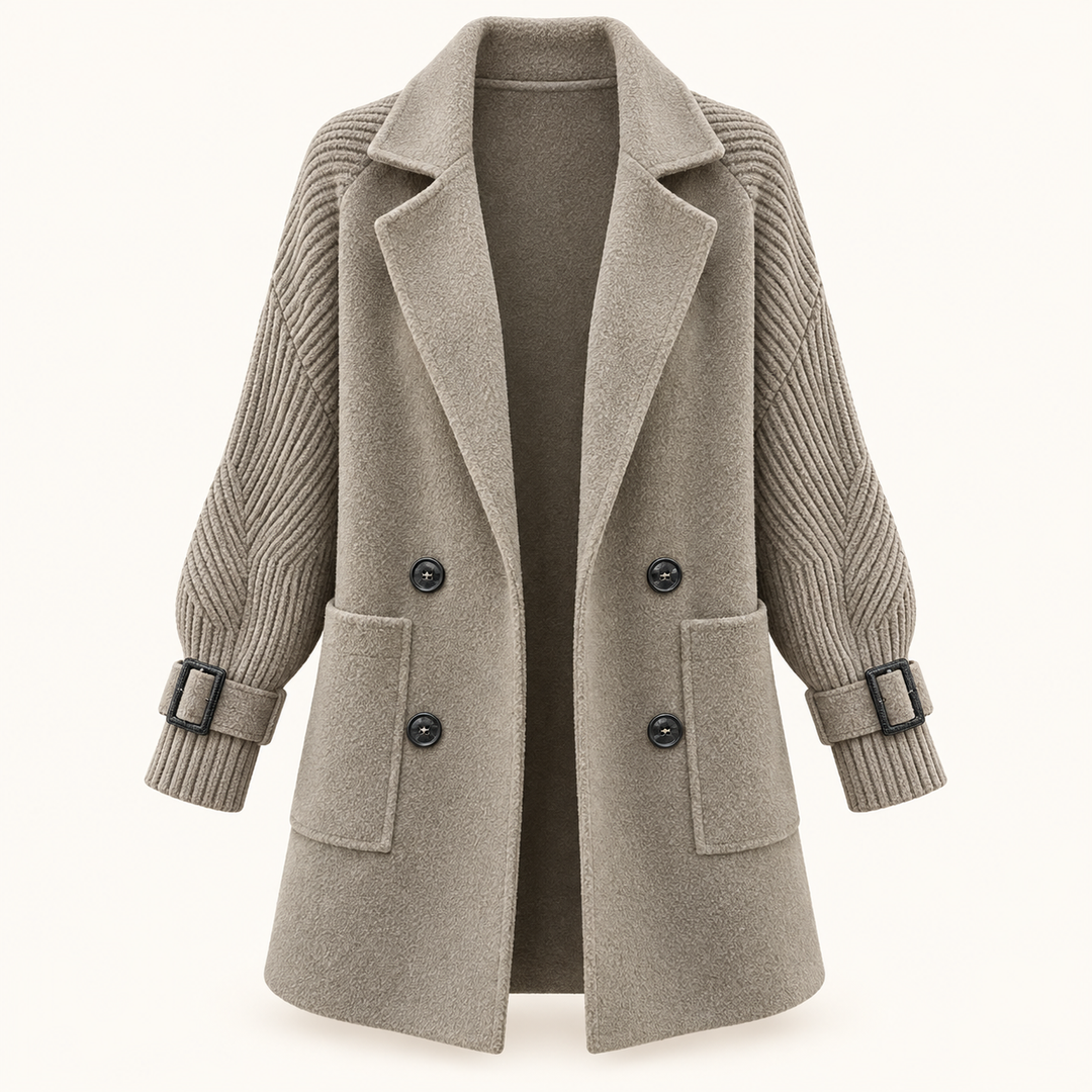 Women's Mid-Length Double-Breasted Coat with Knit Sleeves