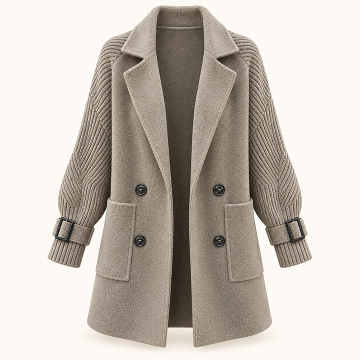 Women's Mid-Length Double-Breasted Coat with Knit Sleeves
