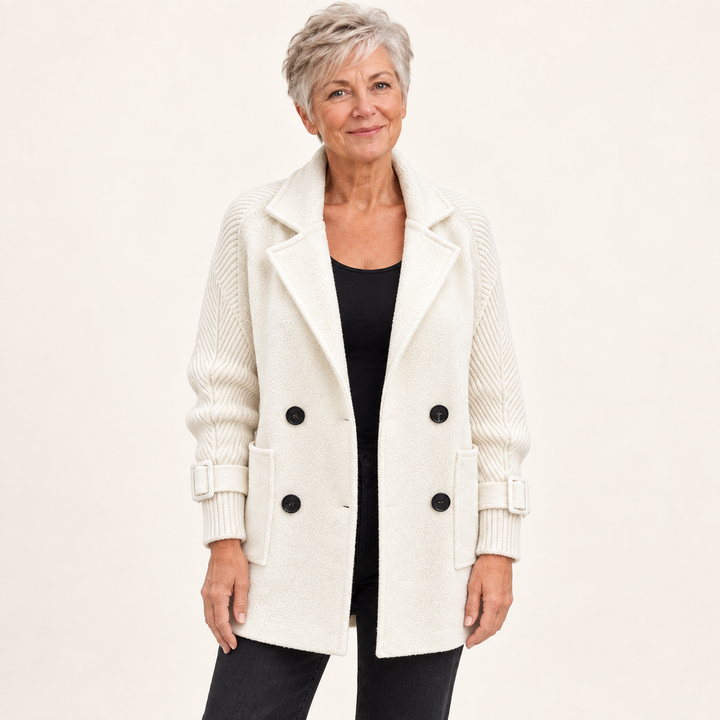Women's Mid-Length Double-Breasted Coat with Knit Sleeves