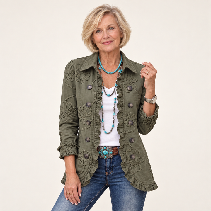 Women's Embroidered Jacket with Ruffle Trim