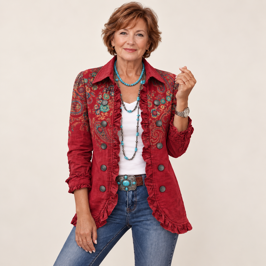 Women's Paisley Print Jacket with Ruffles