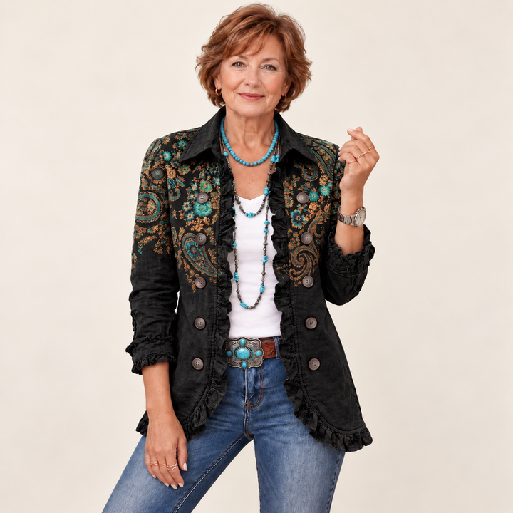 Women's Paisley Print Jacket with Ruffles