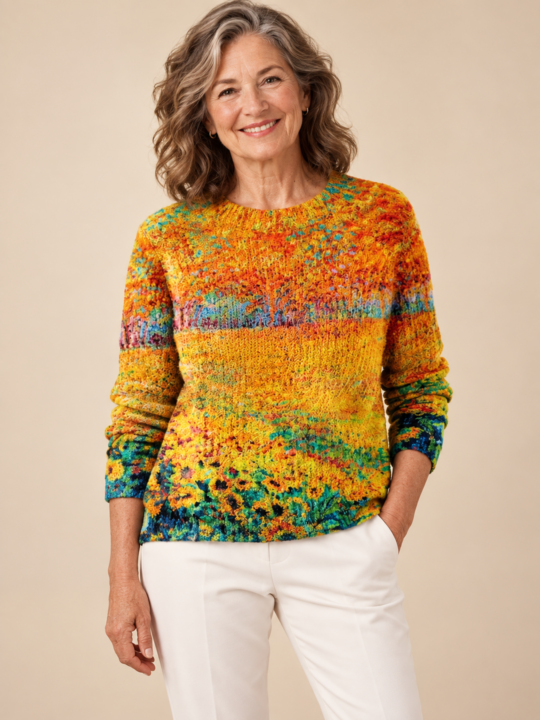 Imogen – Orange Jumper with Autumn Floral Pattern on a mature model