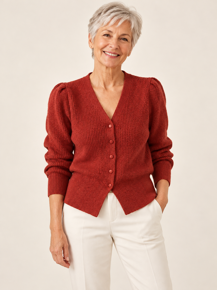 Niamh – Ribbed Puff Sleeve V-Neck Cardigan on a mature model