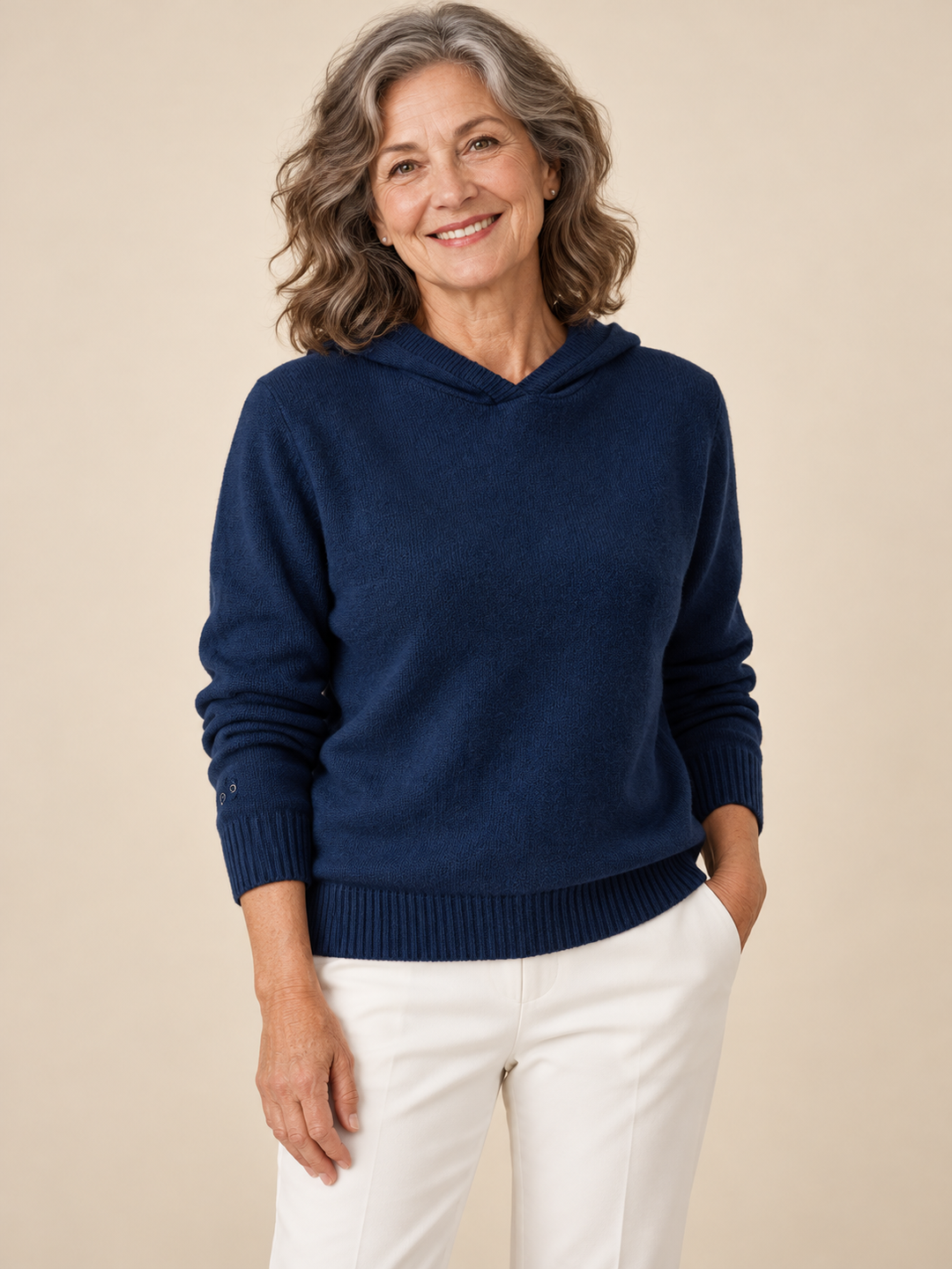 Bryony – Casual Hooded Knit Pullover on a mature model