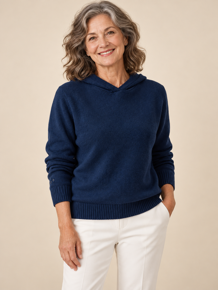 Bryony – Casual Hooded Knit Pullover on a mature model