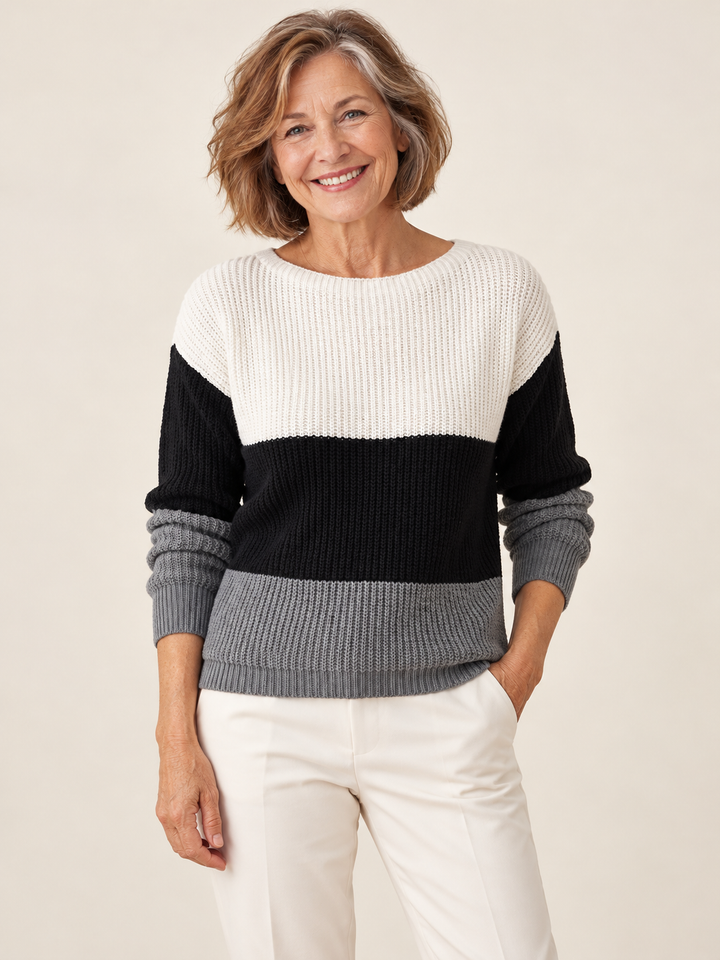 Miriam – Colourblock Crewneck Pullover Jumper on a mature model