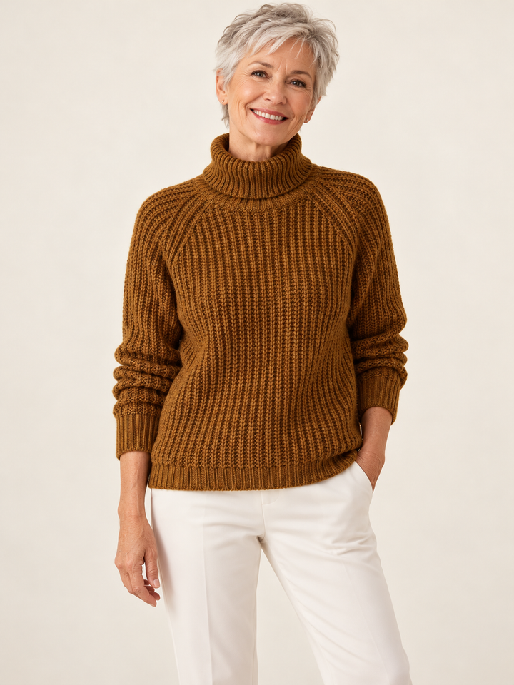 Maxine – Chunky Ribbed Turtleneck Jumper on a mature model