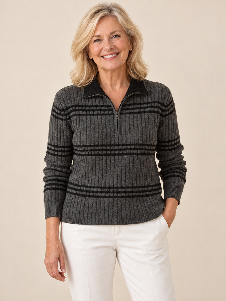 Anita – Striped Half-Zip Ribbed Knit Jumper on a mature model