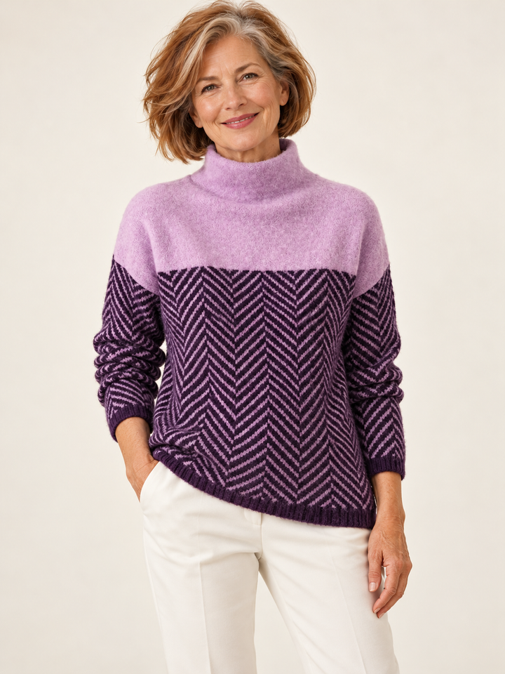 Marissa – Chevron Colourblock Turtleneck Jumper on a mature model