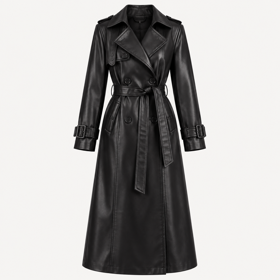 Women's Faux Leather Belted Trench Coat
