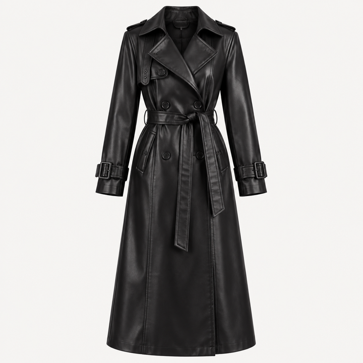 Women's Faux Leather Belted Trench Coat