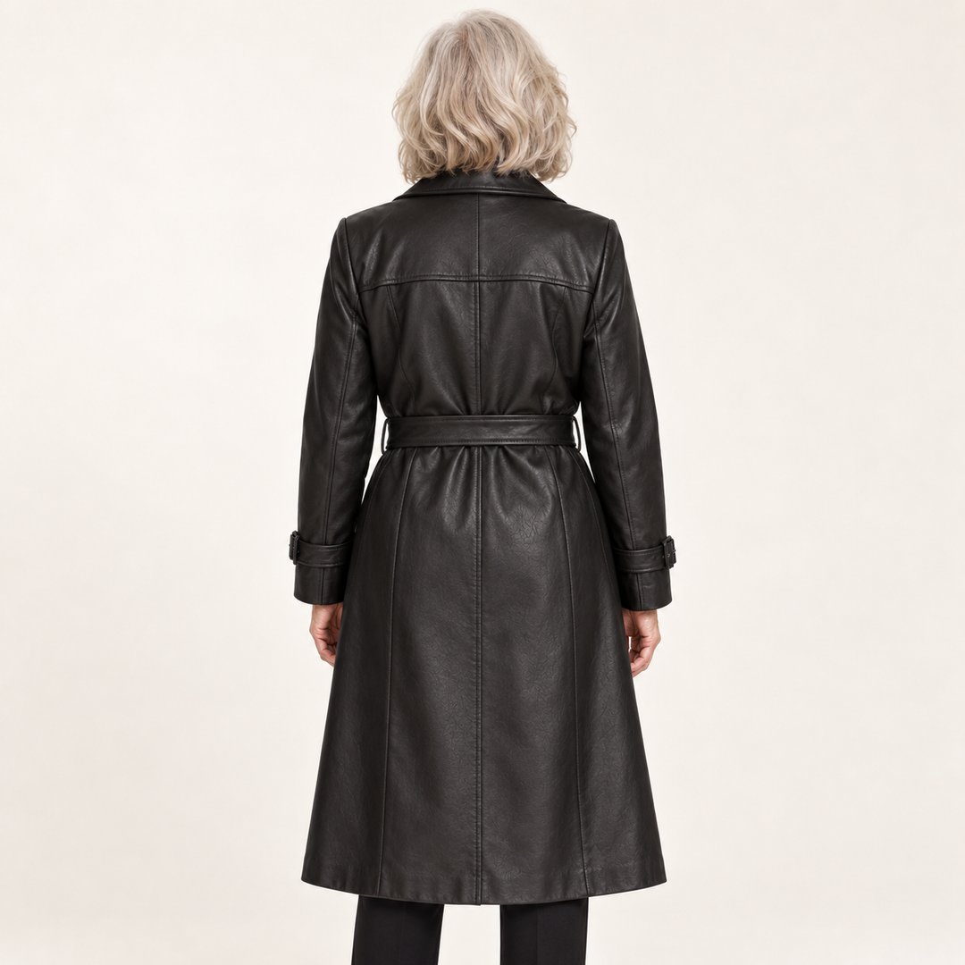 Women's Faux Leather Belted Trench Coat