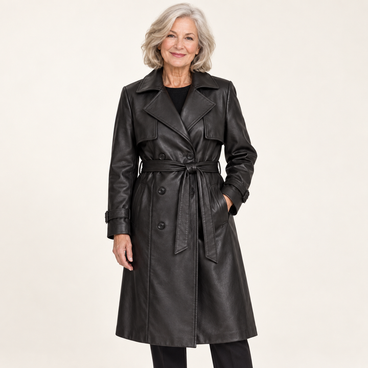 Women's Faux Leather Belted Trench Coat