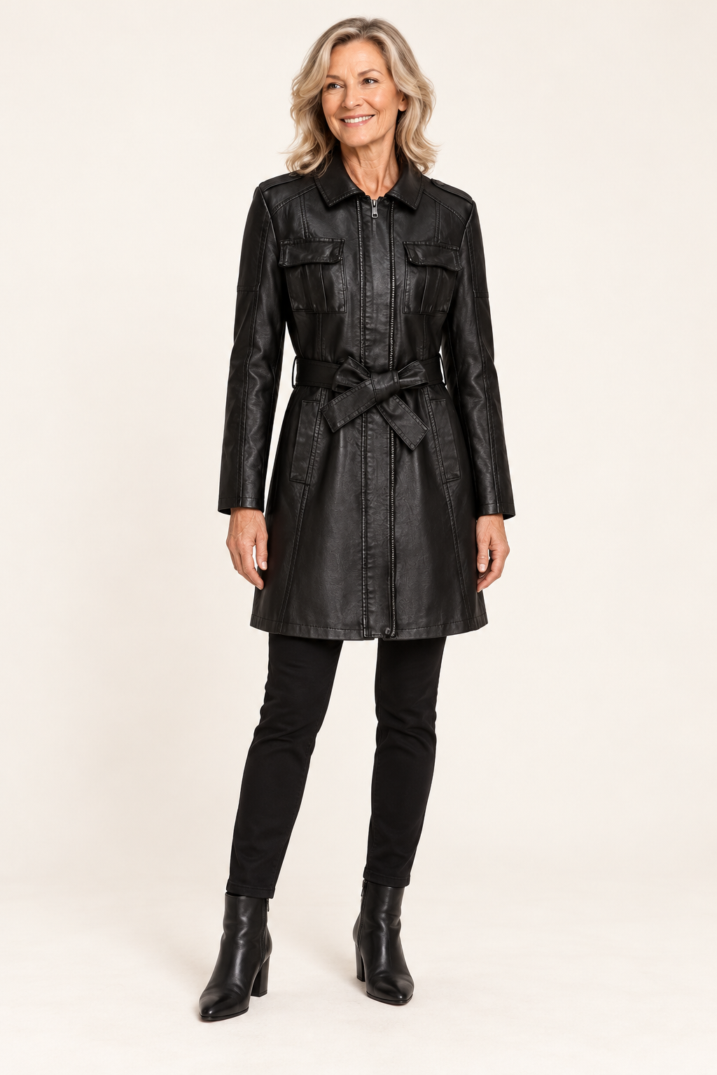 Women's Long Faux Leather Coat with Pockets