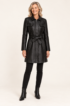 Women's Long Faux Leather Coat with Pockets